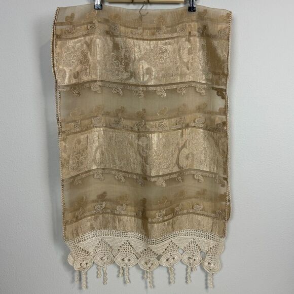 Sheer Gold Handwoven Paisley Silk Fringe Table Runner 21x65 - Picture 1 of 6